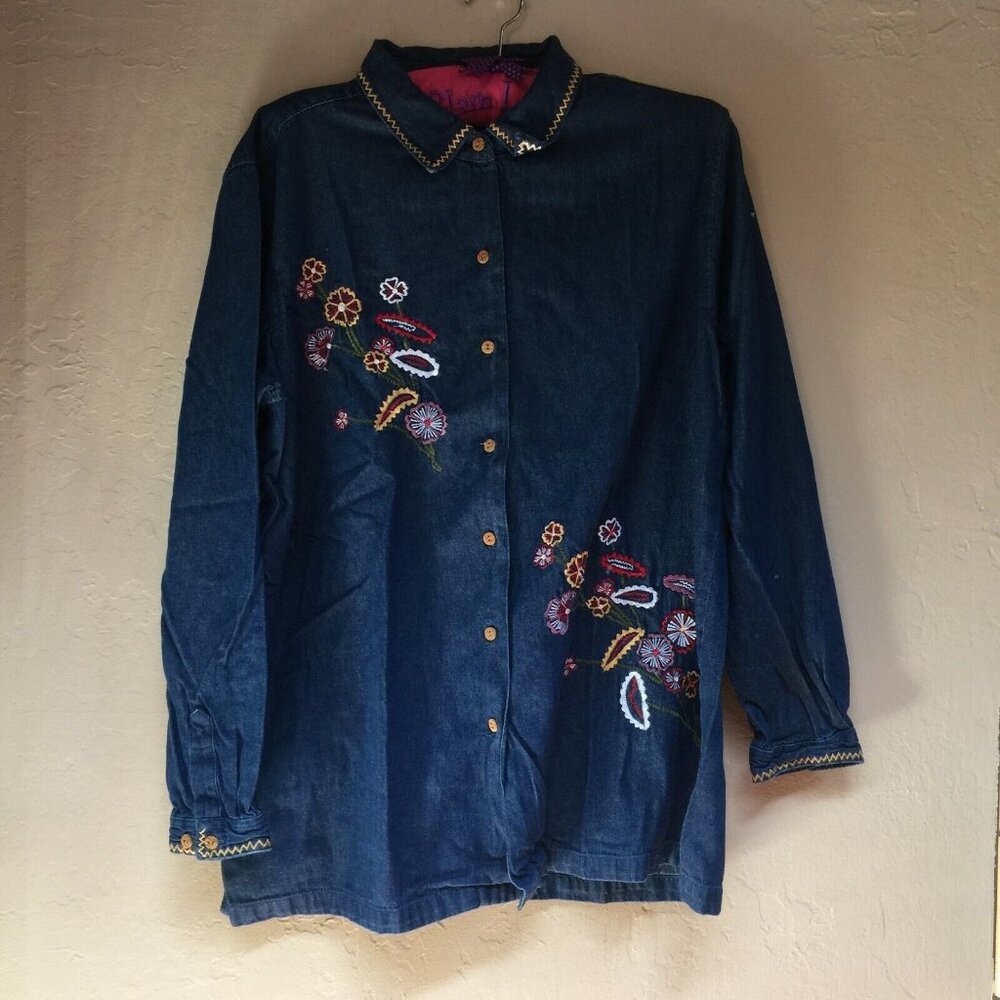 Bobbie Brooks Women's Large (12/14) Floral Embroidered Denim Shirt Long Sleeve